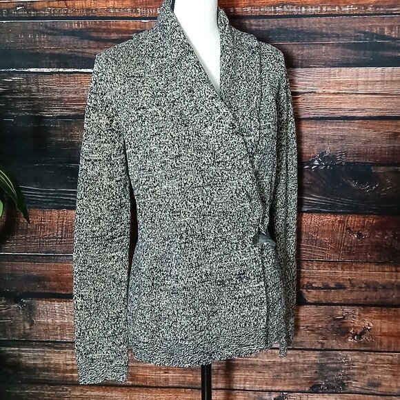 Lauren Ralph Lauren Wrap Cardigan Sweater S Toggle Tan Black Marled Knit - Picture 4 of 9
